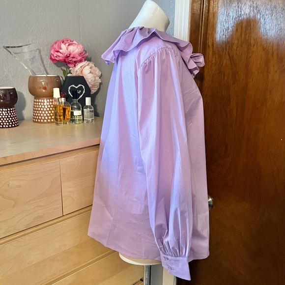 Eloquii Purple Poplin Pleated Collar Bow Top - Picture 7 of 12